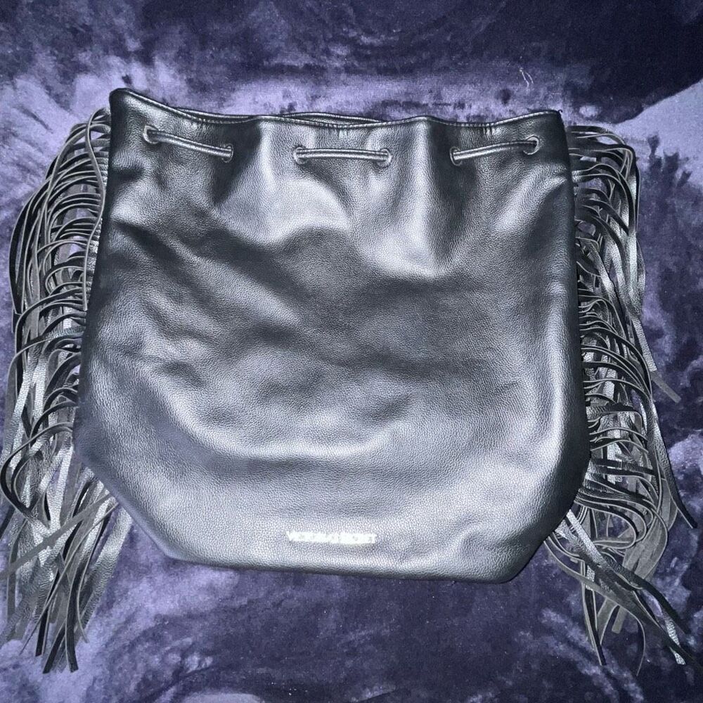 Victorias Secret Women's Bucket Bag with Fringe Black Drawstring Sexy Backpack